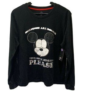 NWT disney mickey mouse Women Light Sweater Gray Large Black “Mornings Are Rough